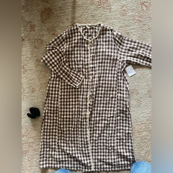 Brown Linen Gingham House Coat Button Front Dress S - Picture 2 of 6